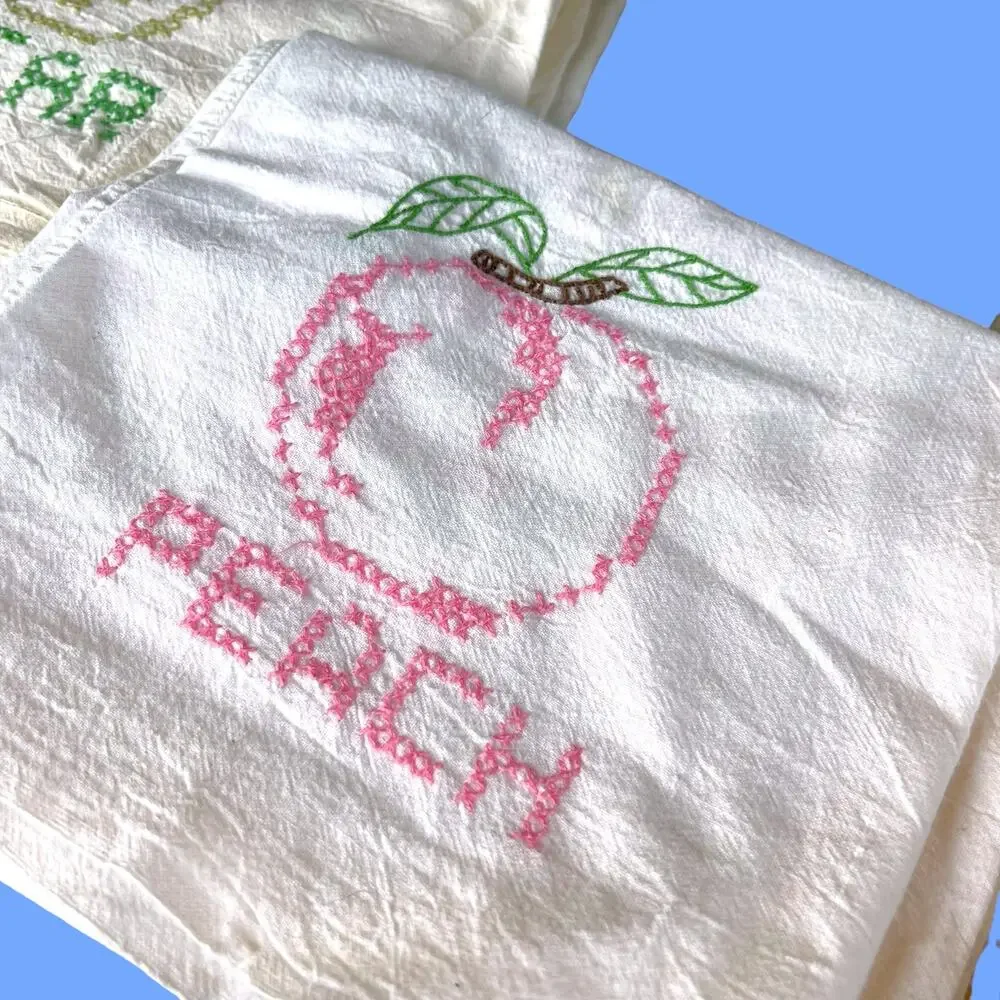 Vintage Fruit Embroidered Tea Towels Set 3 Farmhouse Kitchen Cross Stitch